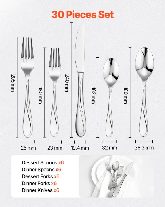 30-Piece Silverware Set Stainless Steel Cutlery Flatware Utensil Kitchen for 6 - Image 2