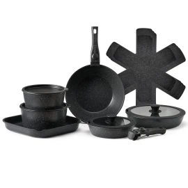 17 Piece Pots and Pans Set Granite Nonstick Kitchen Cookware Induction Black