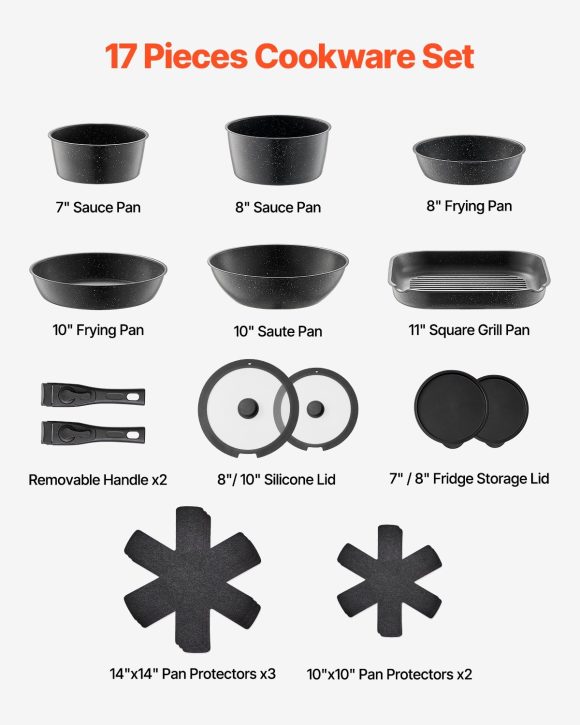 17 Piece Pots and Pans Set Granite Nonstick Kitchen Cookware Induction Black - Image 2