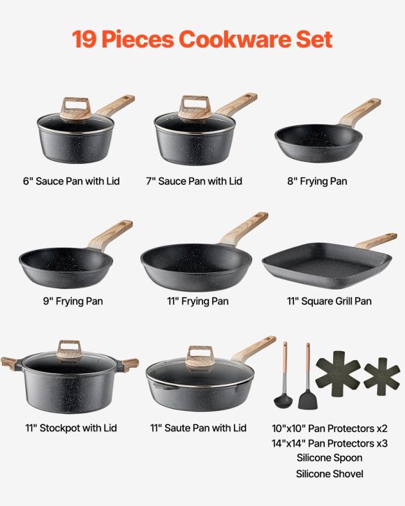 19 Piece Pots and Pans Set Granite Nonstick Kitchen Cookware Induction Black - Image 2
