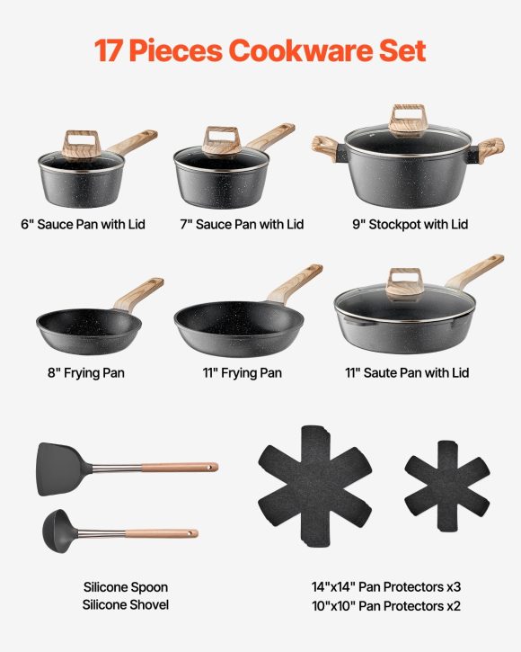 17 Piece Pots and Pans Set Granite Nonstick Kitchen Cookware Induction Black - Image 2