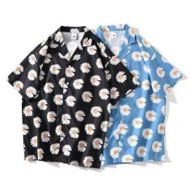 Daisy Print Aloha Shirts Hip Hop Harajuku Men Short Sleeve Beach Hawaiian Flower Shirts Casual Camisa Masculina Shirt
