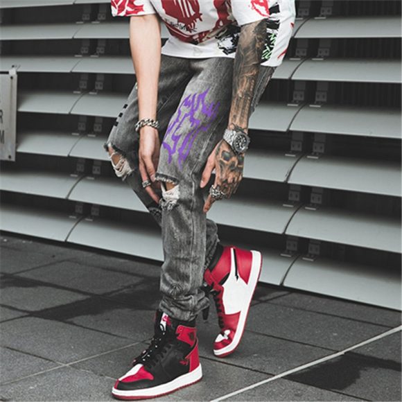 Hip Hop Men Jogger Denim Pants Skinny Washed Distressed Jeans Graffiti Print Streetwear Destroyed Ripped Jeans - Image 2