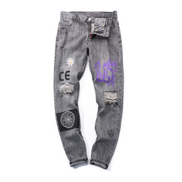 Hip Hop Men Jogger Denim Pants Skinny Washed Distressed Jeans Graffiti Print Streetwear Destroyed Ripped Jeans - Image 8