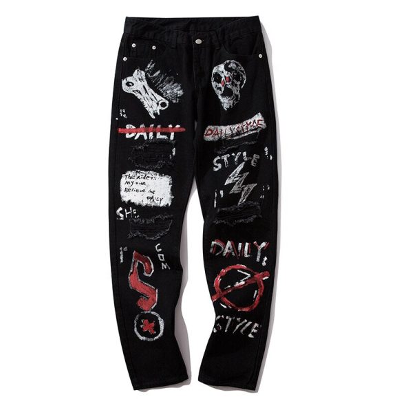 Men Jeans Hip Hop Graffiti Skull Letter Print Denim Pants Skinny Hole High Street - Image 2