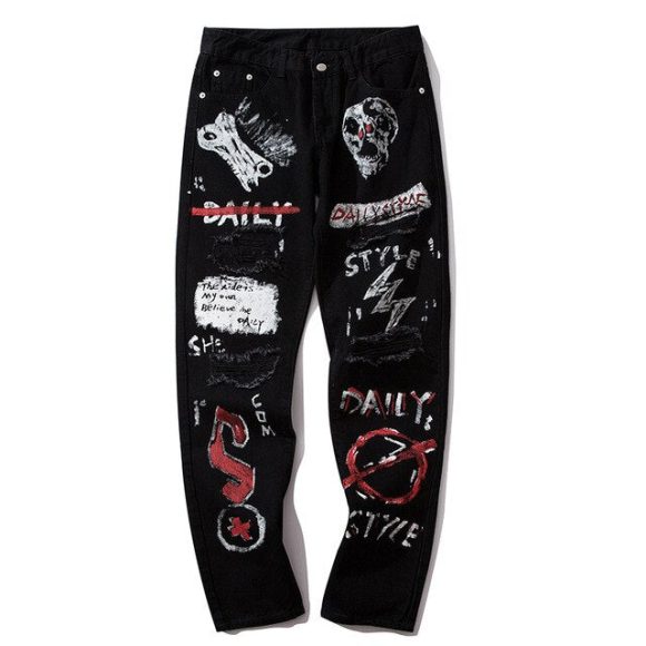 Men Jeans Hip Hop Graffiti Skull Letter Print Denim Pants Skinny Hole High Street - Image 8