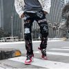 Men Jeans Hip Hop Graffiti Skull Letter Print Denim Pants Skinny Hole High Street