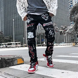 Men Jeans Hip Hop Graffiti Skull Letter Print Denim Pants Skinny Hole High Street