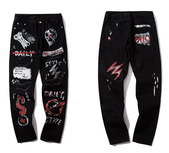 Men Jeans Hip Hop Graffiti Skull Letter Print Denim Pants Skinny Hole High Street - Image 3