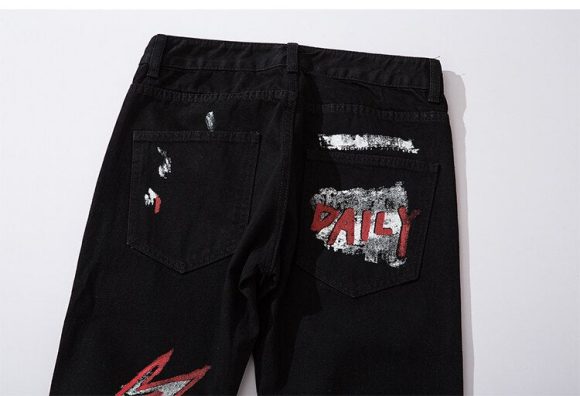 Men Jeans Hip Hop Graffiti Skull Letter Print Denim Pants Skinny Hole High Street - Image 4