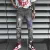 Hip Hop Men Jogger Denim Pants Skinny Washed Distressed Jeans Graffiti Print Streetwear Destroyed Ripped Jeans