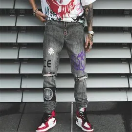 Hip Hop Men Jogger Denim Pants Skinny Washed Distressed Jeans Graffiti Print Streetwear Destroyed Ripped Jeans