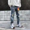 Hip Hop Streetwear Ripped Slim Fit Jeans Skinny Jeans Japan Graffiti Flame Skeleton Print Men Jogger Denim Pants