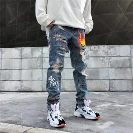 Hip Hop Streetwear Ripped Slim Fit Jeans Skinny Jeans Japan Graffiti Flame Skeleton Print Men Jogger Denim Pants