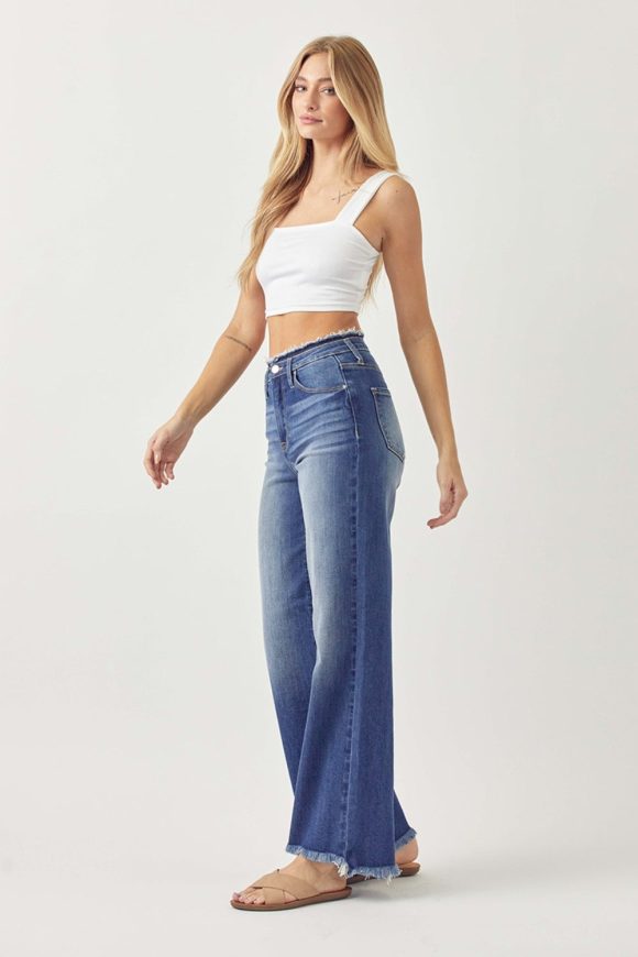 RISEN High Waist Raw Hem Wide Leg Jeans - Image 5