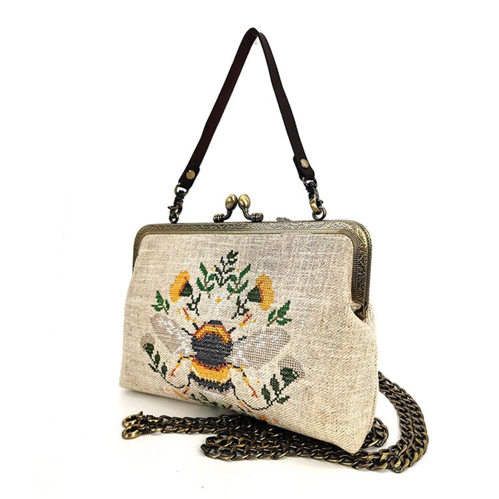 Bee Embroidered Vintage-Inspired Kisslock Handbag - Image 2