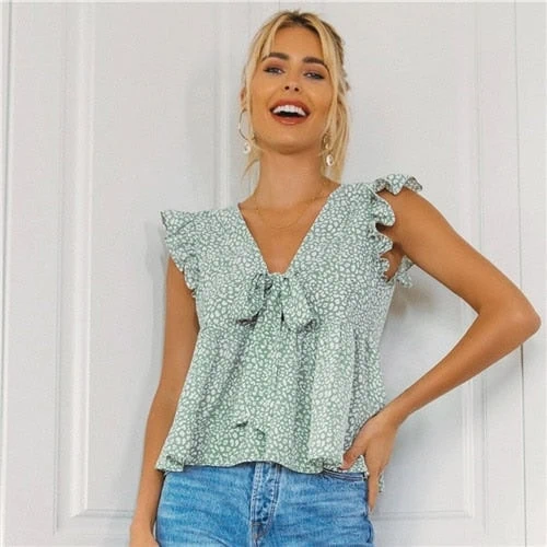 Women Summer V Neck Sleeveless Ladies Ditsy Floral Boho Cute Tops - Image 21