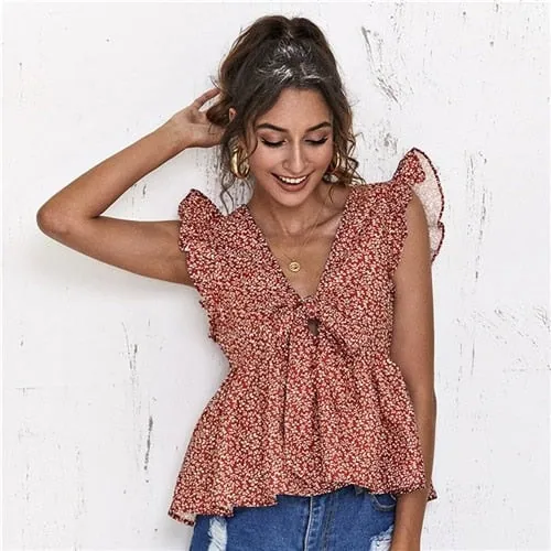 Women Summer V Neck Sleeveless Ladies Ditsy Floral Boho Cute Tops - Image 17