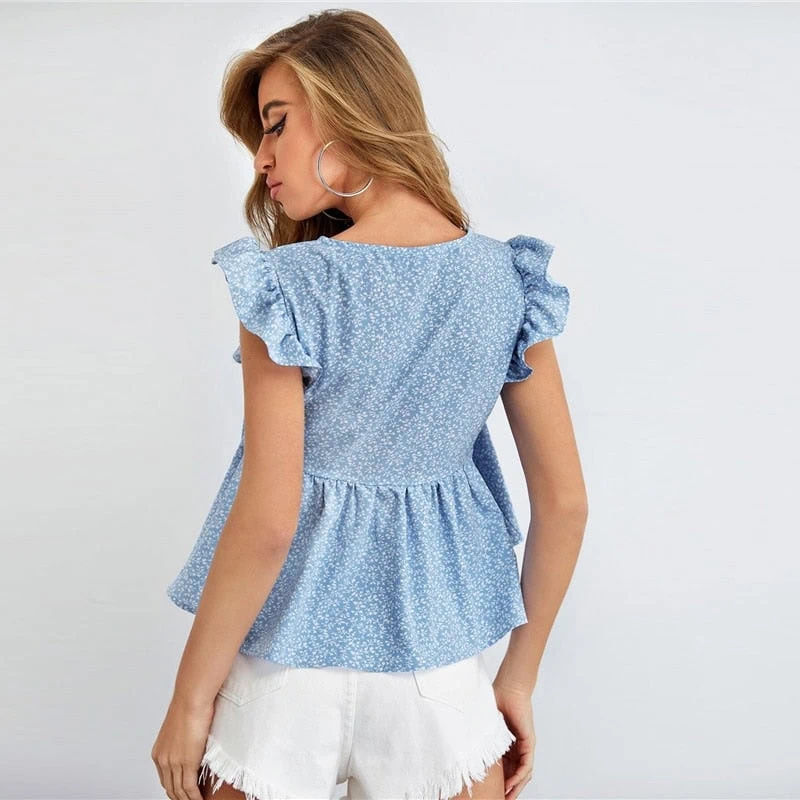 Women Summer V Neck Sleeveless Ladies Ditsy Floral Boho Cute Tops - Image 2