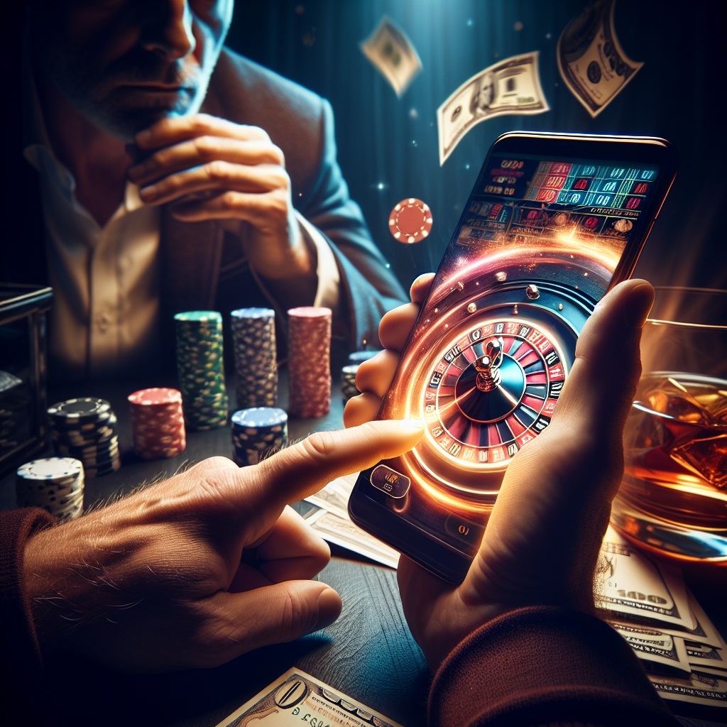 Hands playing real money online roulette on smartphone, with chips, whiskey, and cash on the table.