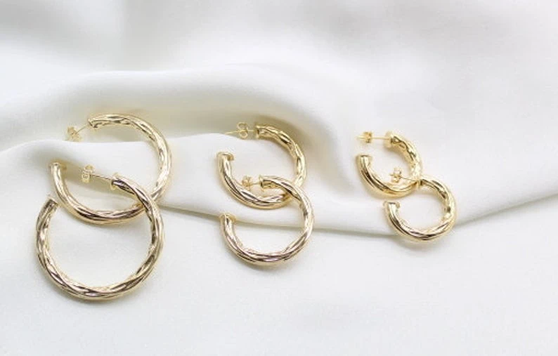 Medium Thick Hammered 18K Gold Hoops - Image 4