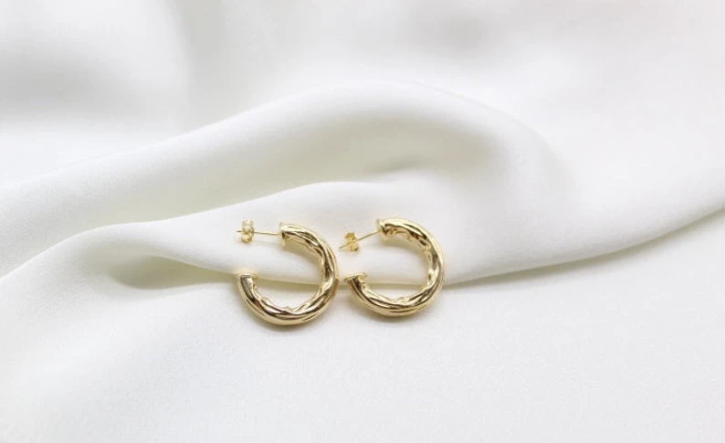 Medium Thick Hammered 18K Gold Hoops - Image 6
