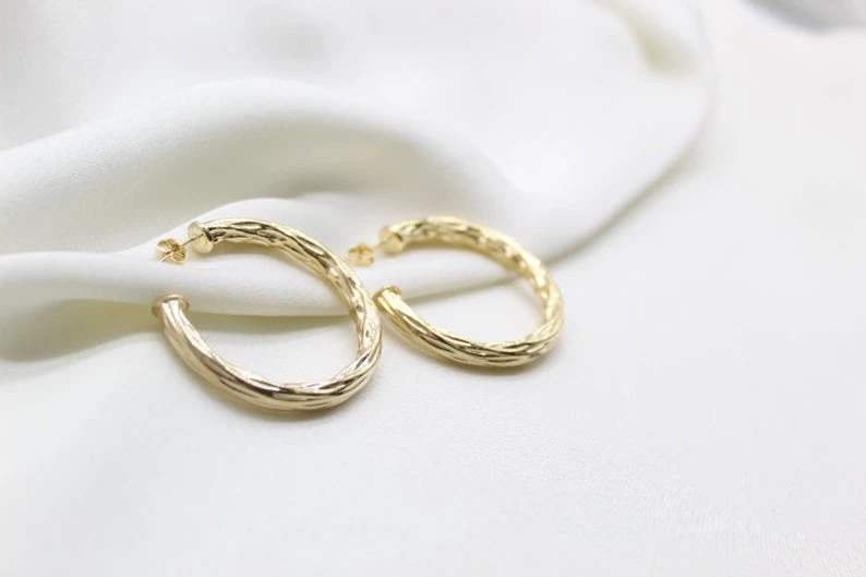 Medium Thick Hammered 18K Gold Hoops - Image 8