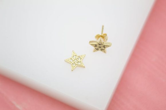 18K Gold Star Stud Earrings with CZ - Image 4