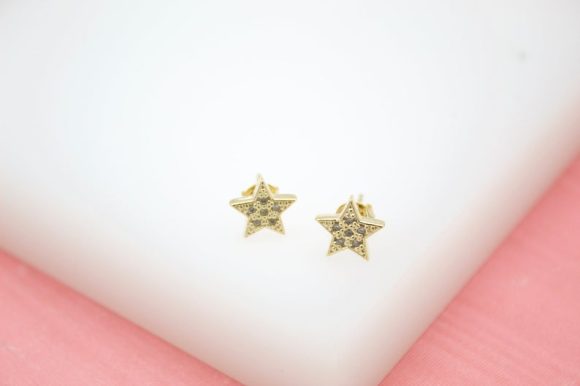 18K Gold Star Stud Earrings with CZ